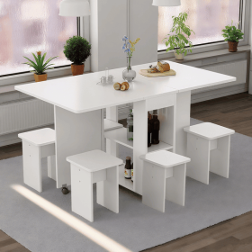Folding Drop Leaf Dining Table Set for 4 with 4 Chairs, Space Saving Foldable Dining Table with Storage and 6 Wheels